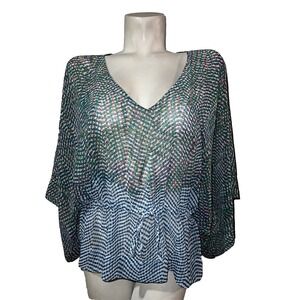 Cabi Womens Green Navy Chevron Chiffon Kimono Sleeve Drawstring Blouse Small